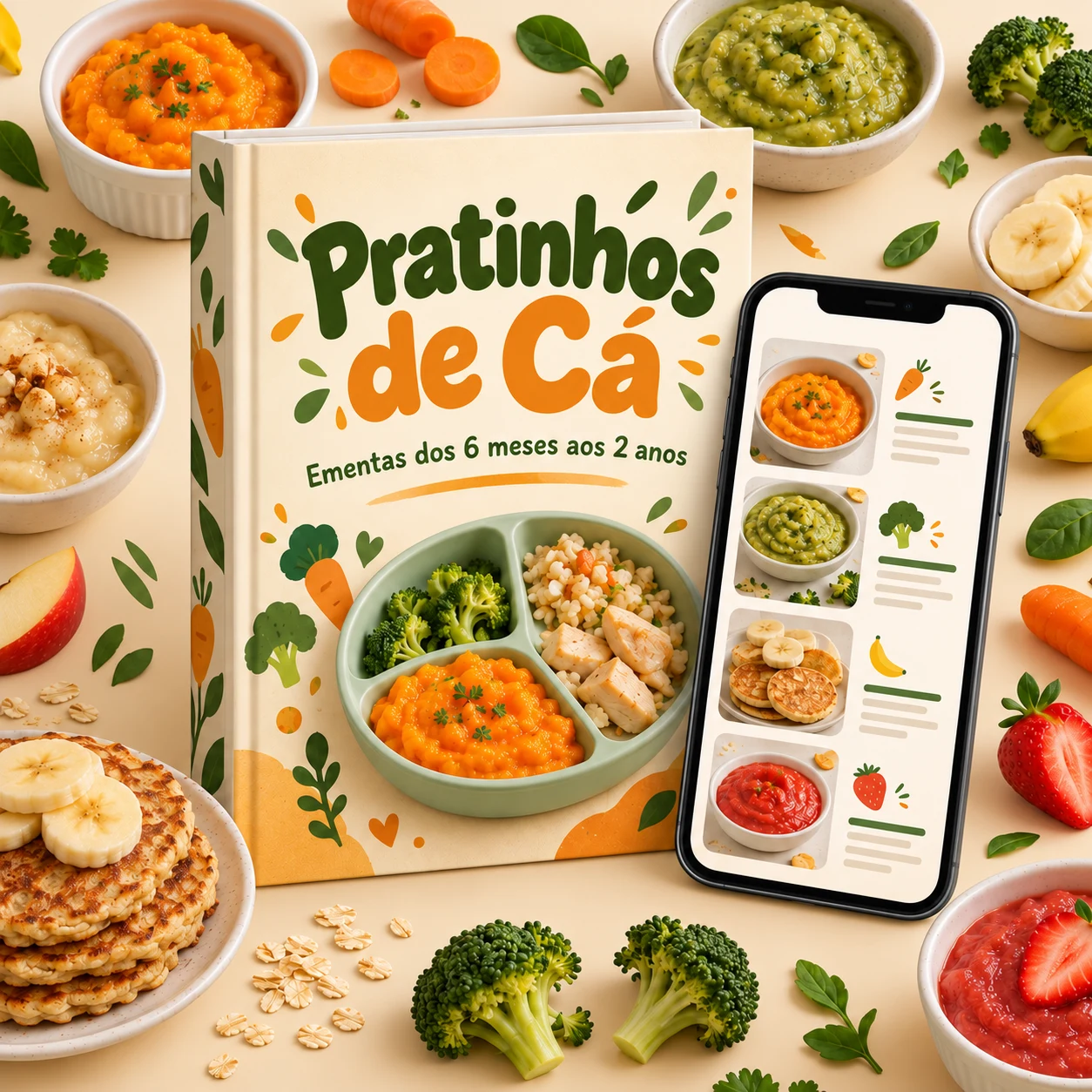 Livro Pratinhos de Cá e telemóvel, rodeados de refeições e ingredientes