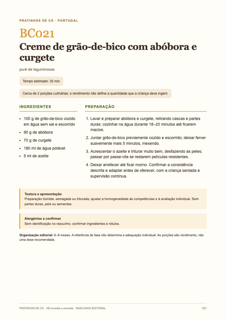 Receita BC021: creme de grão-de-bico com abóbora e curgete, indicada na ementa da Semana 1